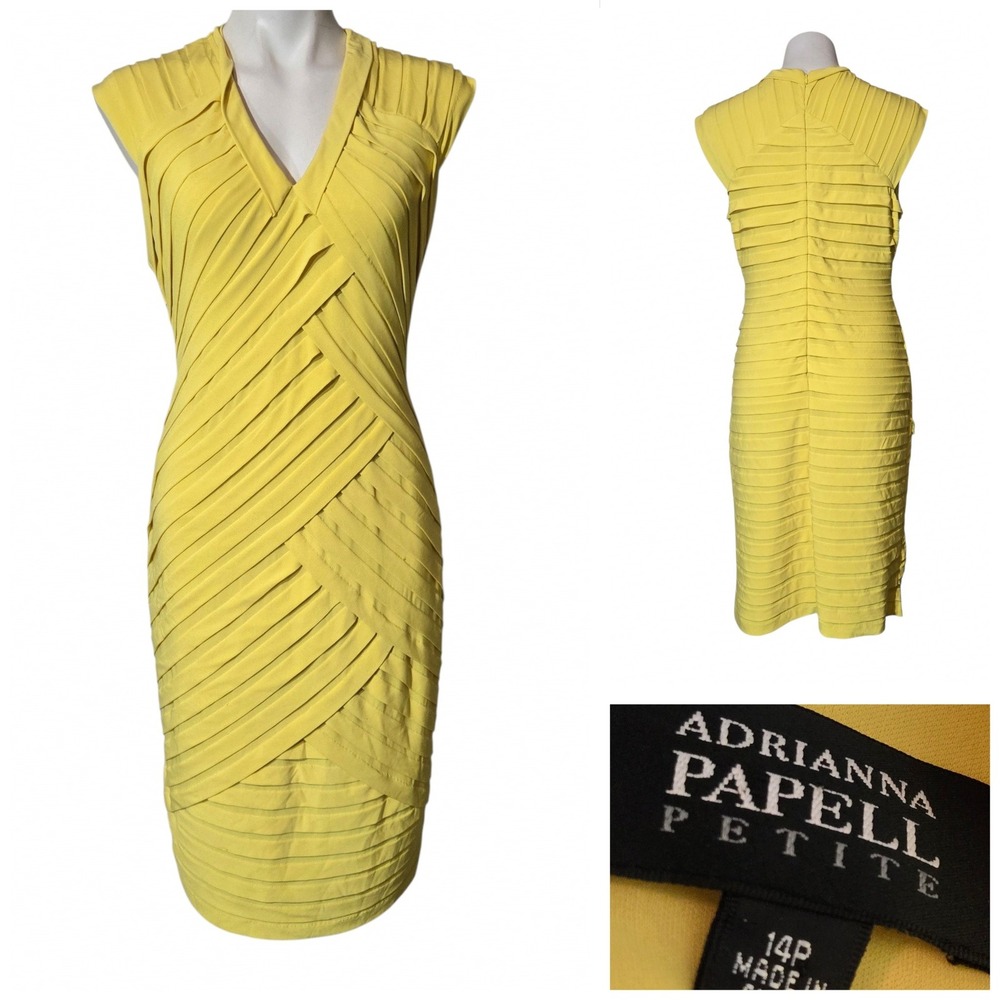 Adrianna Papell Petite Yellow Bandage Pleated V-Neck Sheath Dress 14P